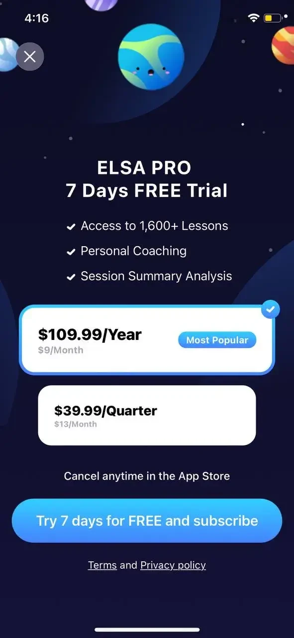 ELSA Speak paywall screen