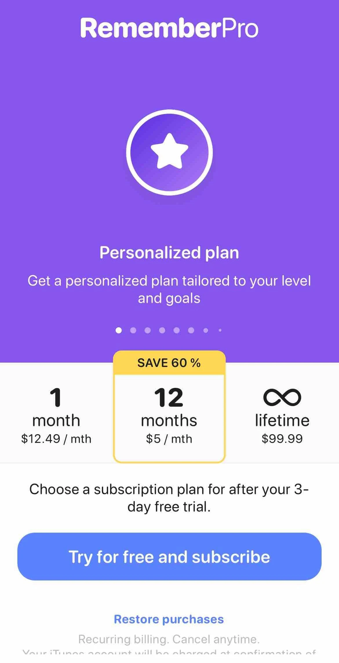 Remember Vocabulary Flashcards paywall screen