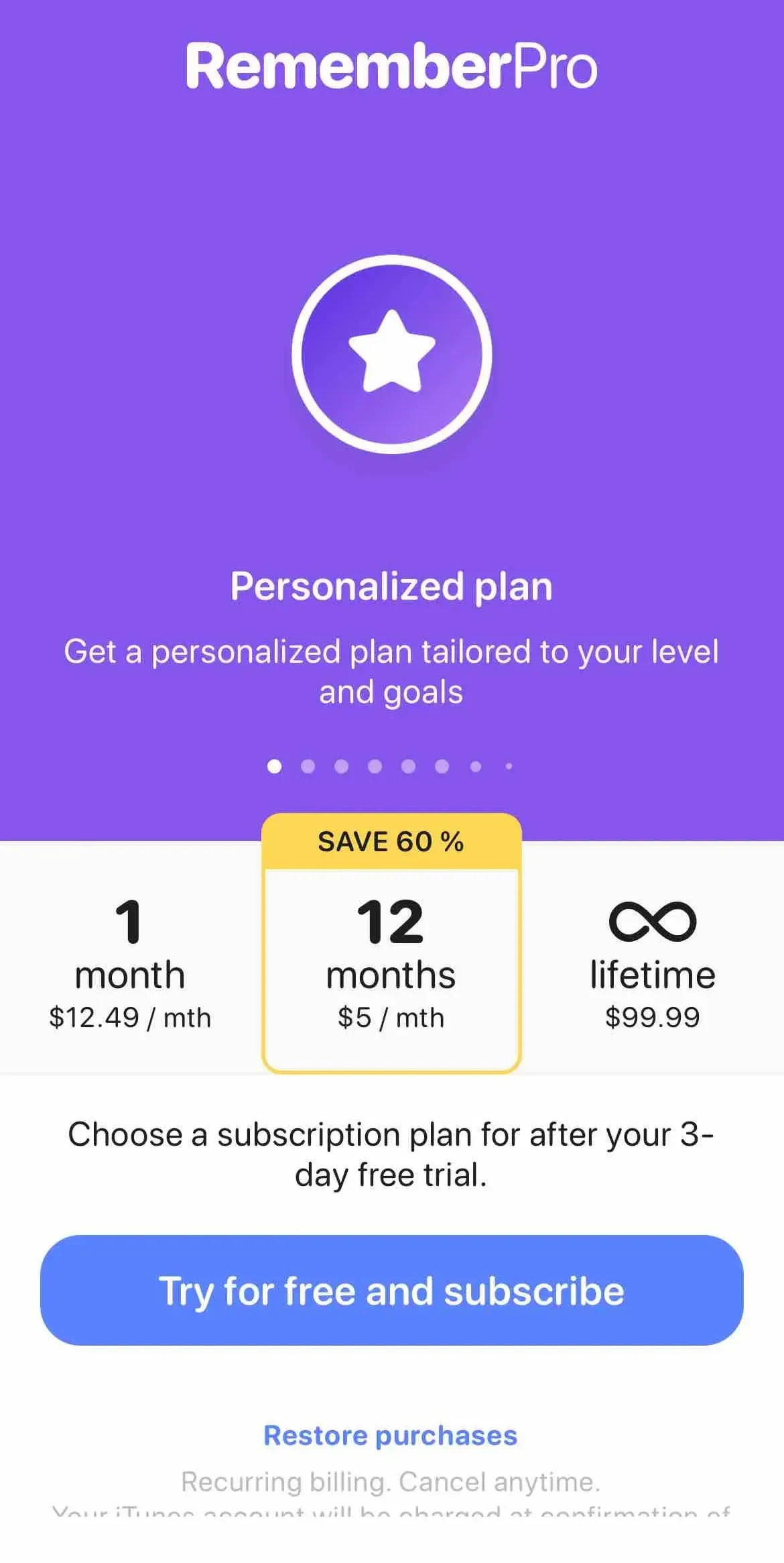 Remember Vocabulary Flashcards paywall screen