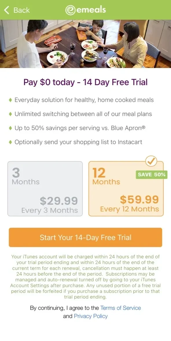 eMeals paywall screen