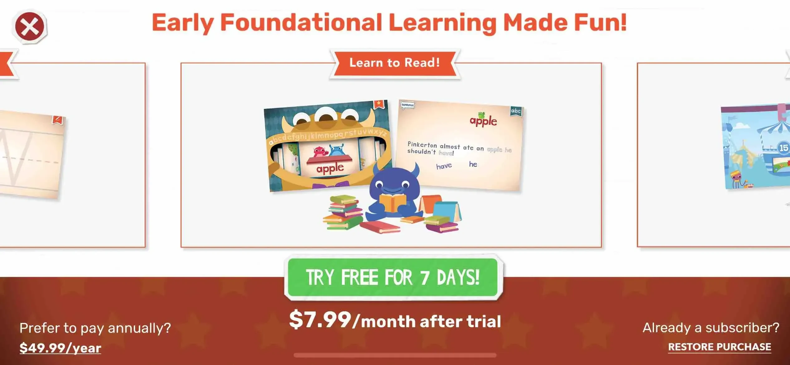 Endless Learning Academy paywall screen