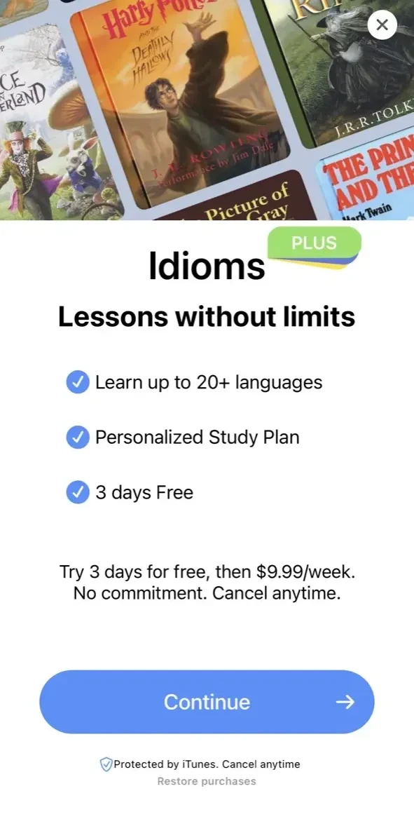 English language paywall screen