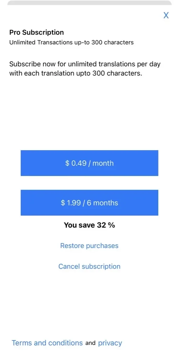 English to Spanish translator paywall screen