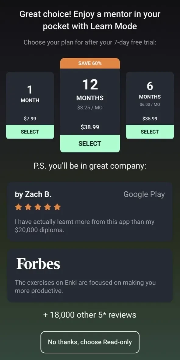 Enki paywall screen