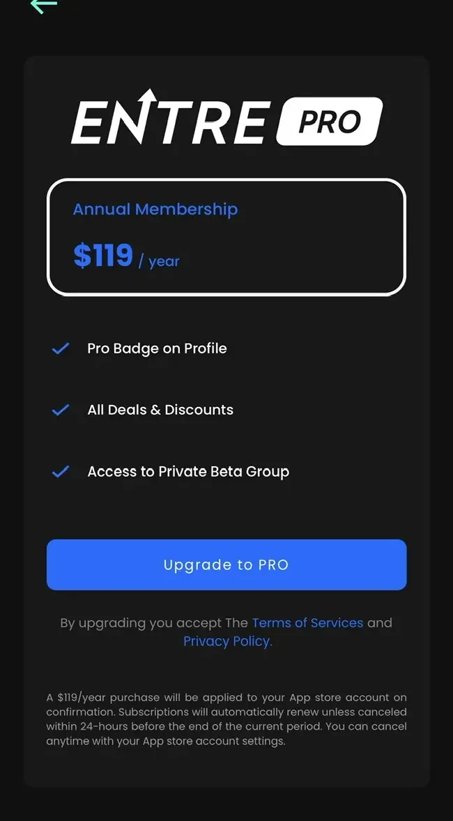 Entre paywall screen