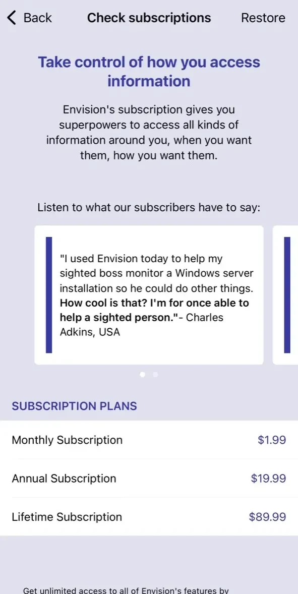 Envision AI paywall screen