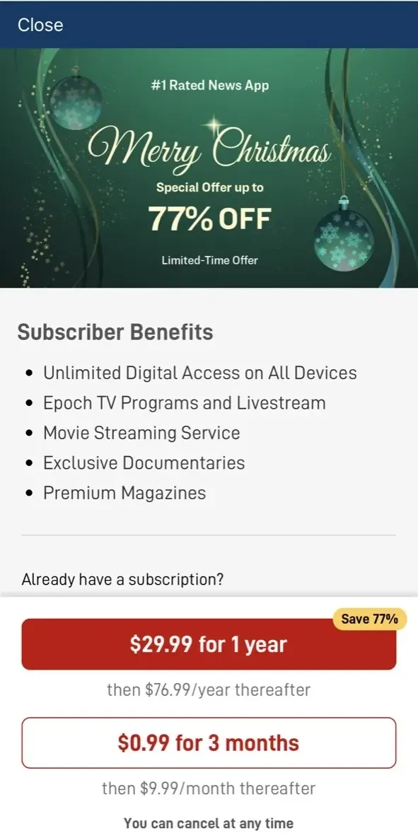 Epoch Times paywall screen