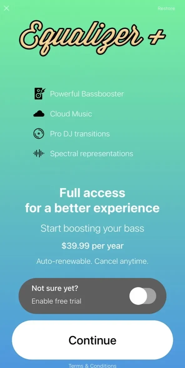 Equalizer+ HD music player paywall screen