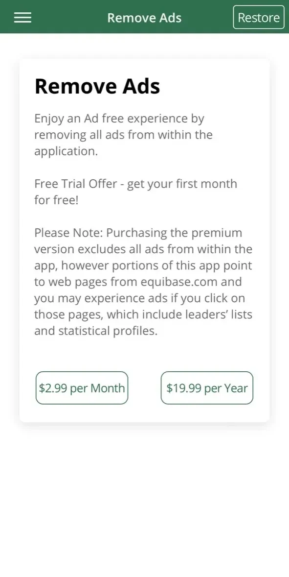 Equibase paywall screen