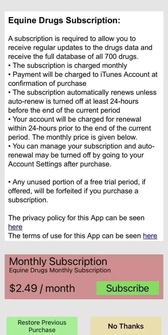 Equine Drugs paywall screen