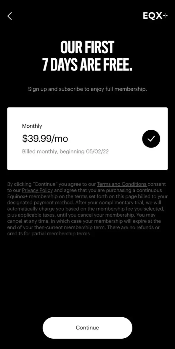 Equinox+ paywall screen
