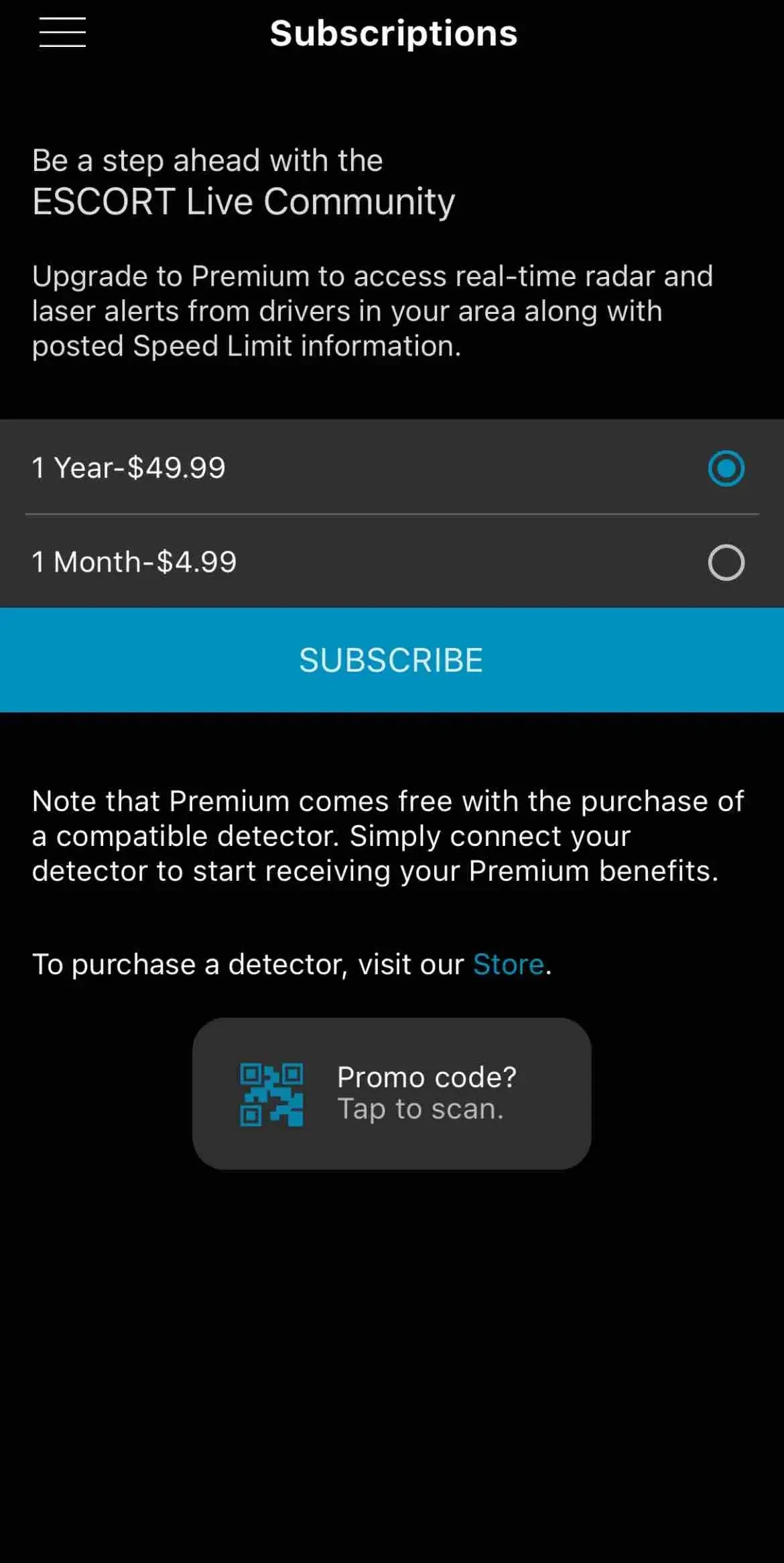 Escort Live Radar paywall screen