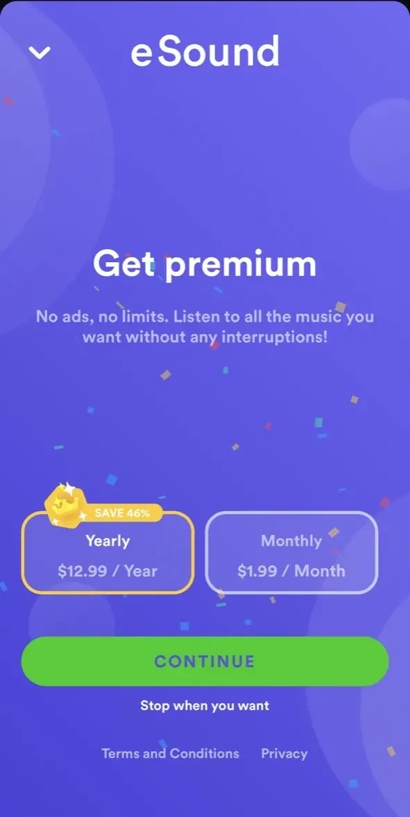 eSound paywall screen