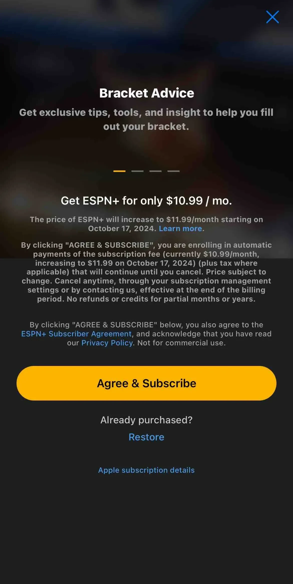ESPN Tournament Challenge paywall screen