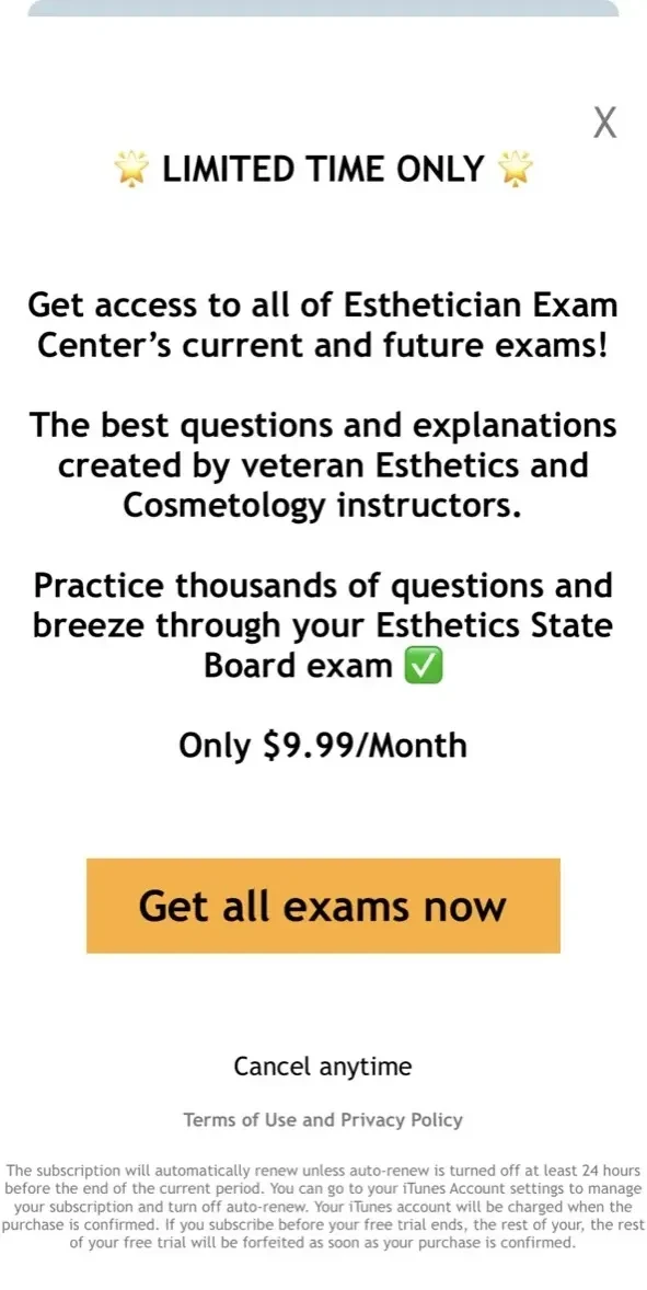 Esthetician Exam Center paywall screen