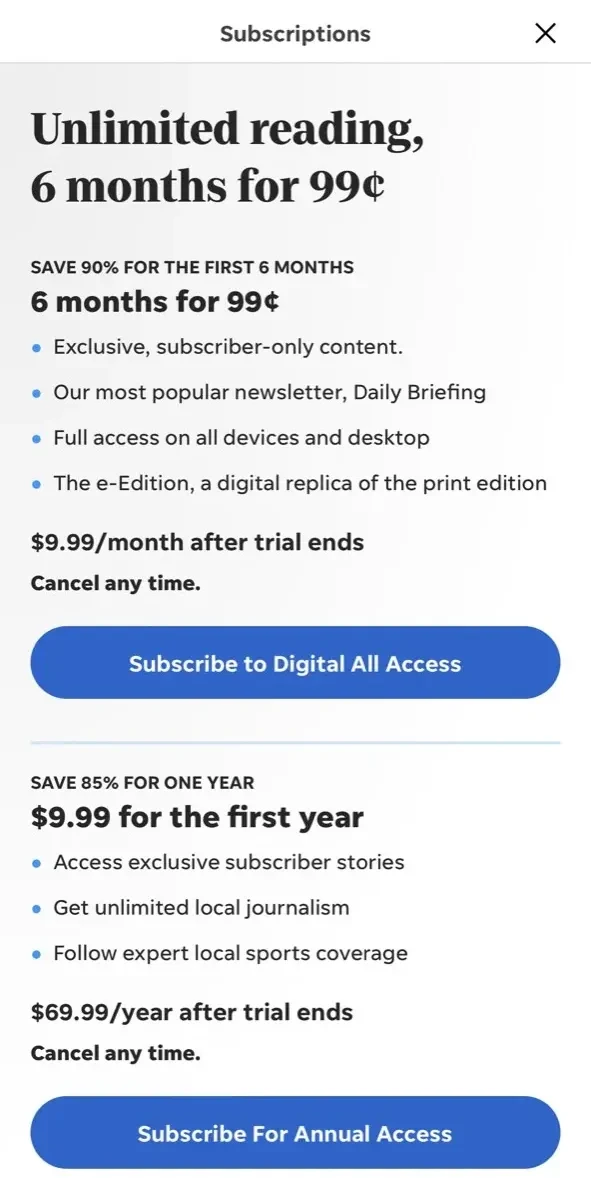Evening Sun paywall screen