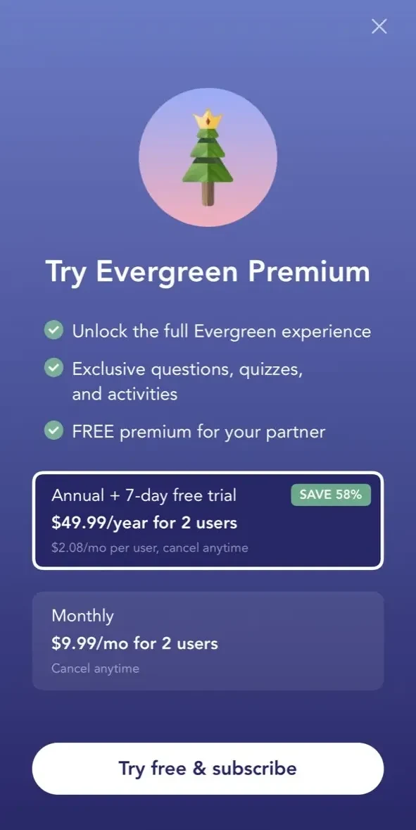 Evergreen paywall screen