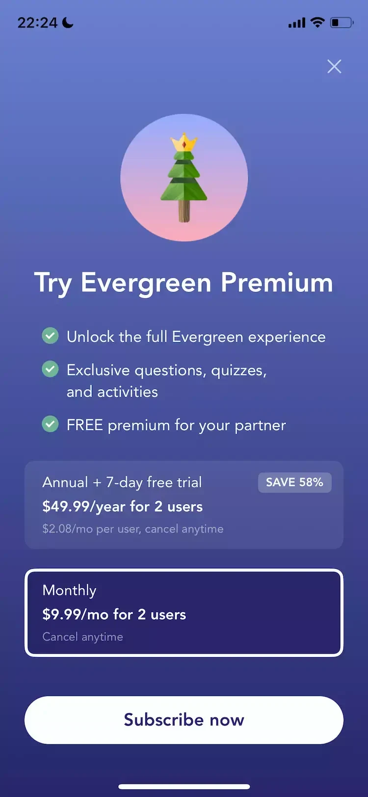 Evergreen paywall screen