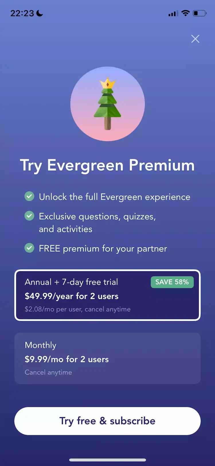 Evergreen paywall screen