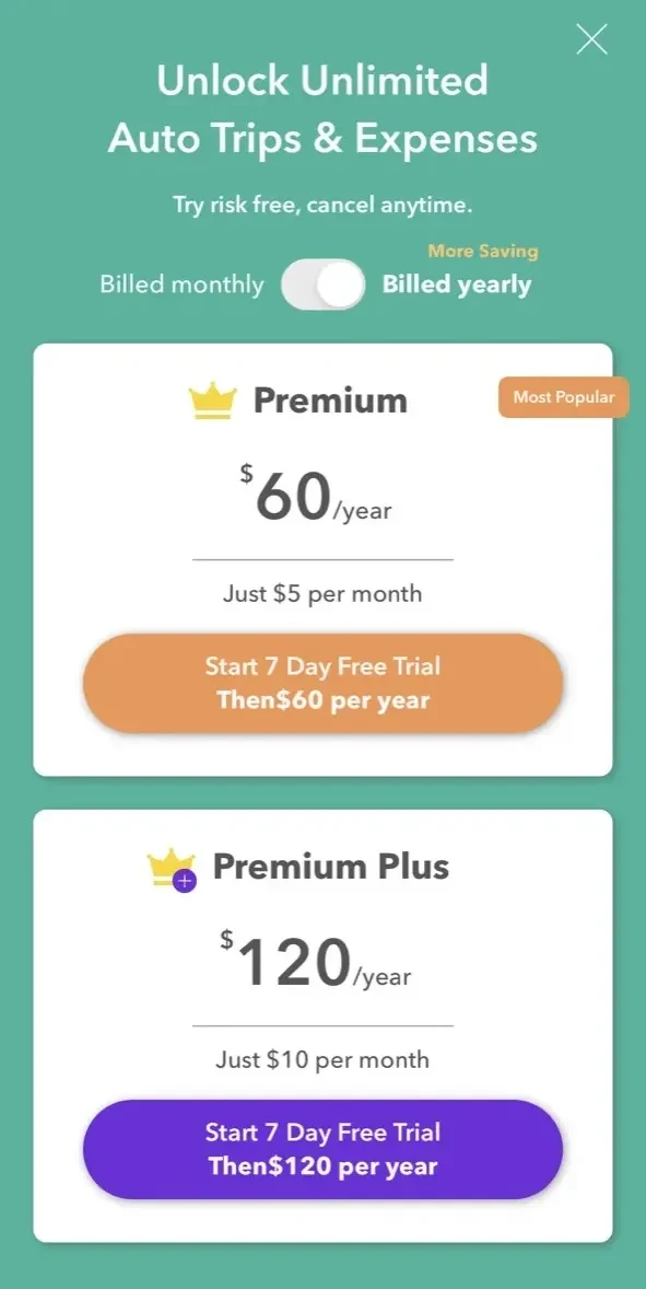 Everlance paywall screen