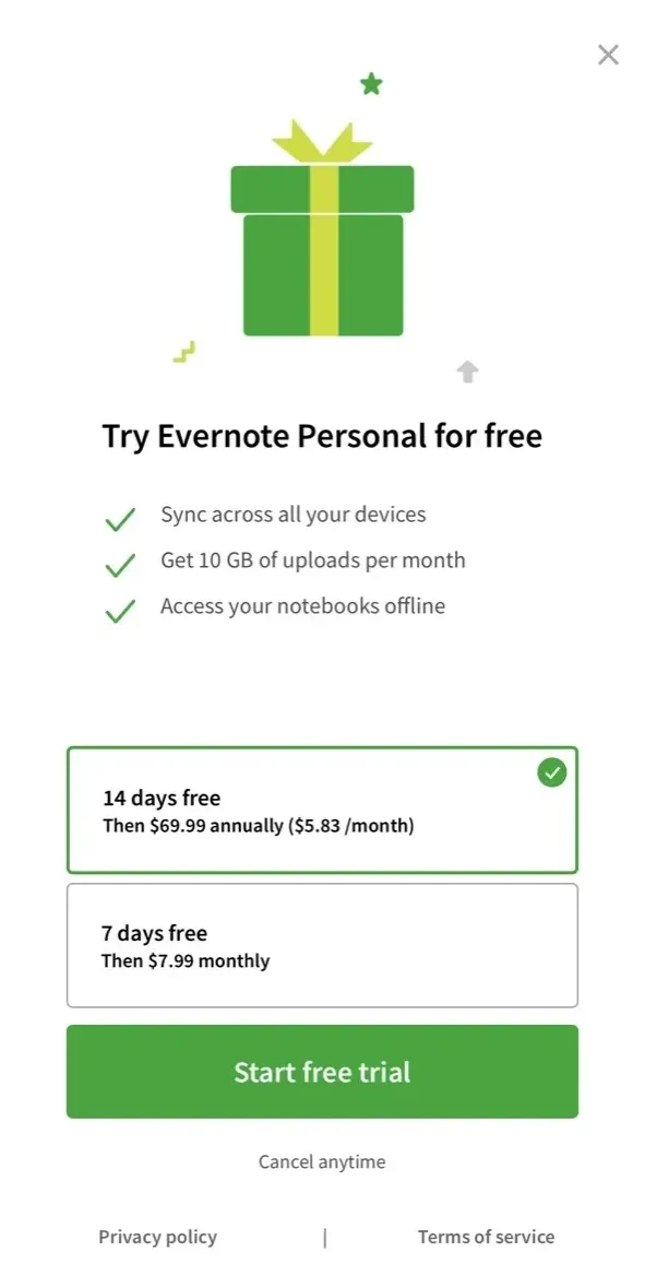 Evernote paywall screen