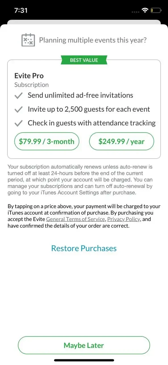 Evite paywall screen
