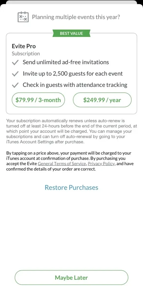 Evite paywall screen