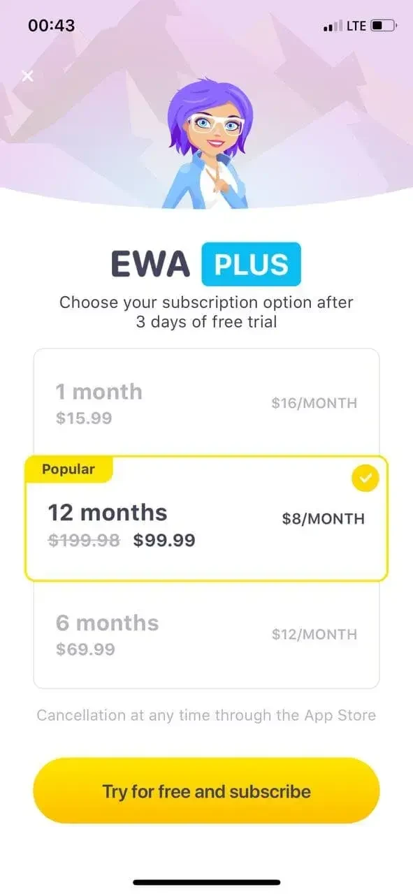 EWA English Language Learning paywall screen