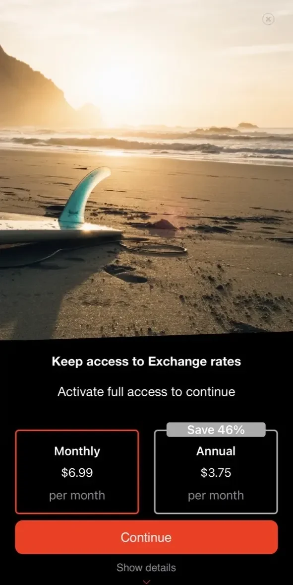 Exchange Rates Converter paywall screen