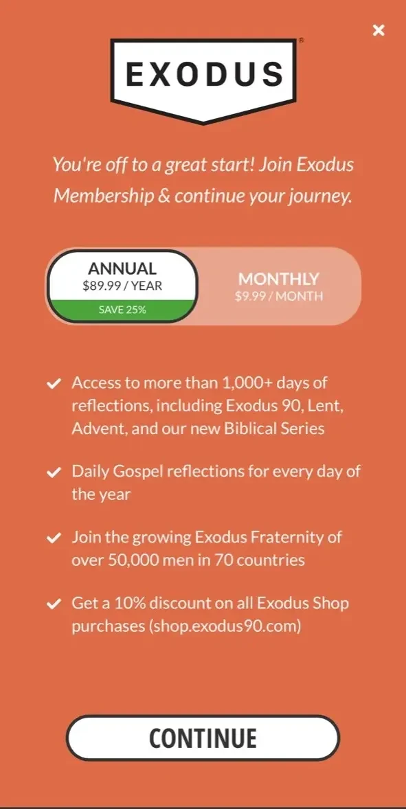 Exodus 90 paywall screen