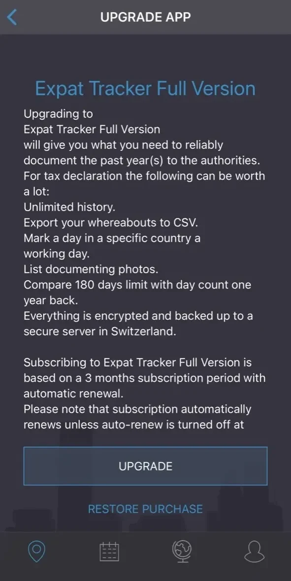 Expat Tracker paywall screen