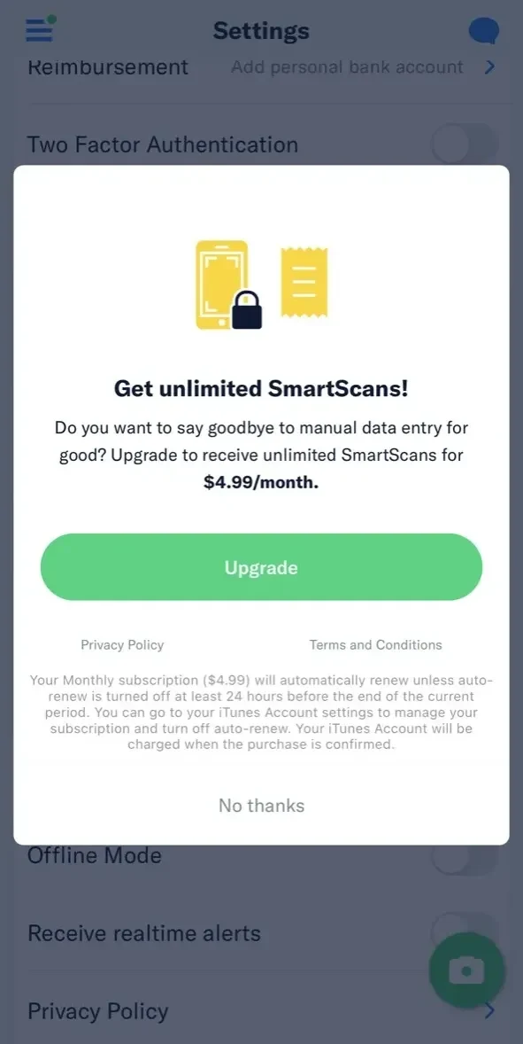 Expensify paywall screen