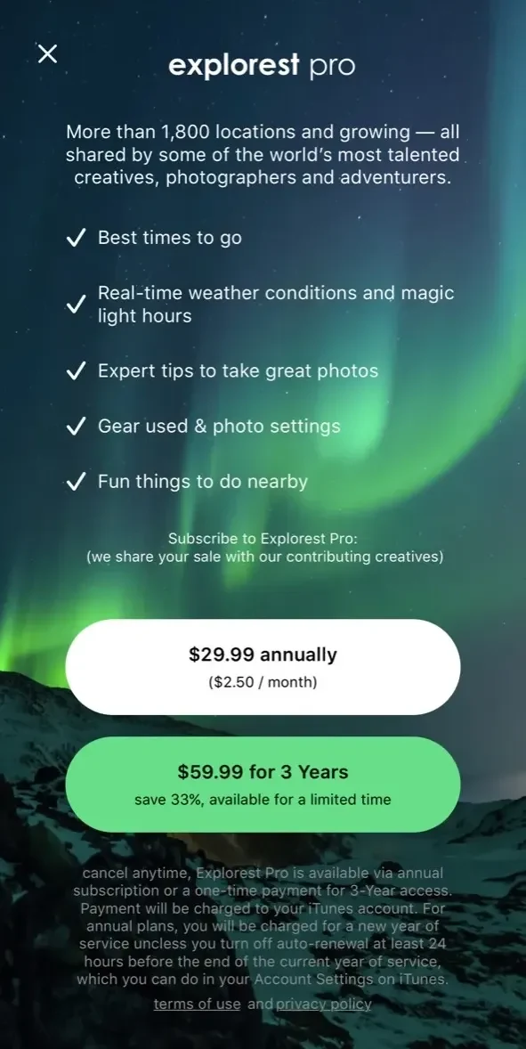 Explorest paywall screen