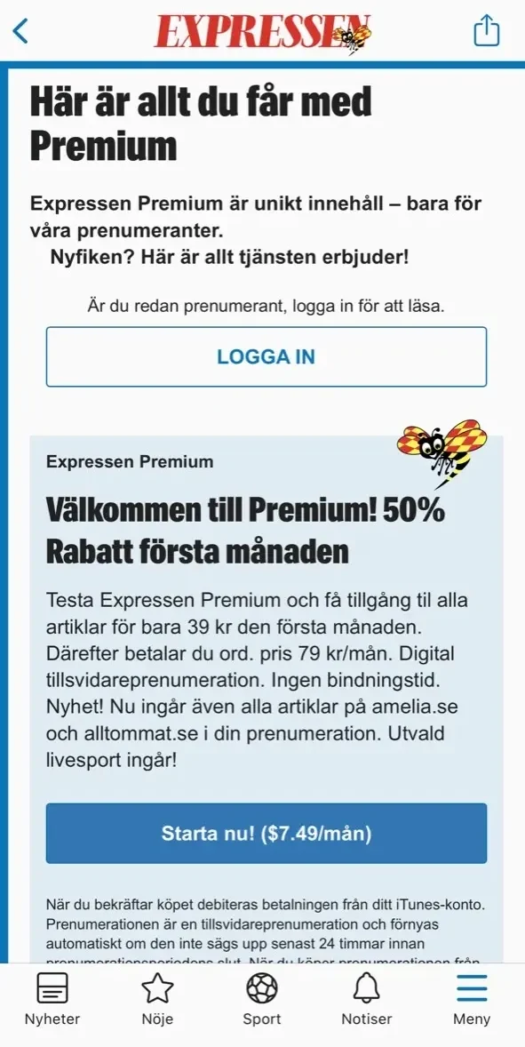 Expressen Nyheter paywall screen