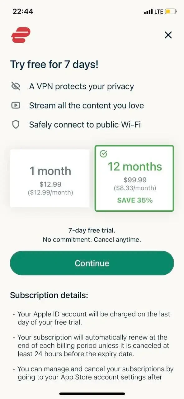 ExpressVPN paywall screen