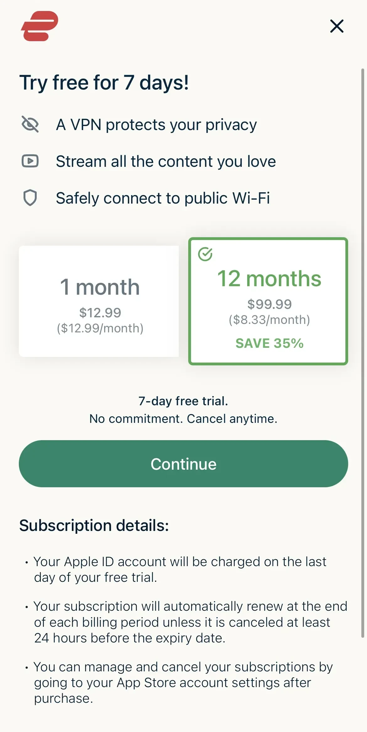ExpressVPN paywall screen