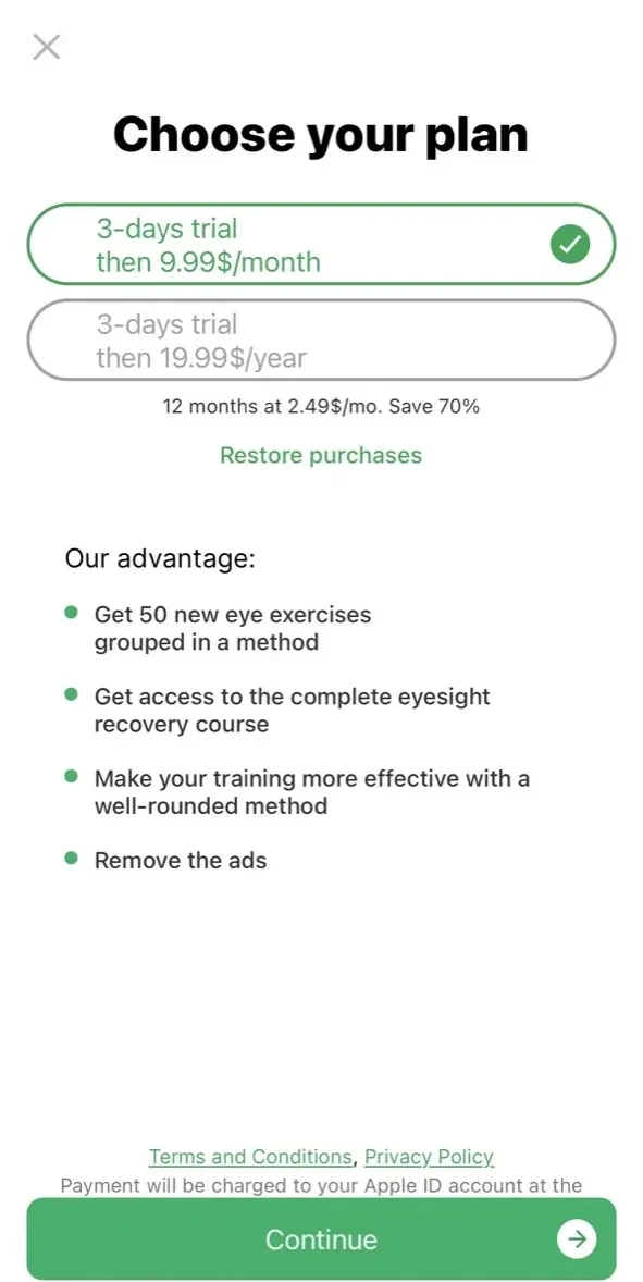 Eye exercises paywall screen