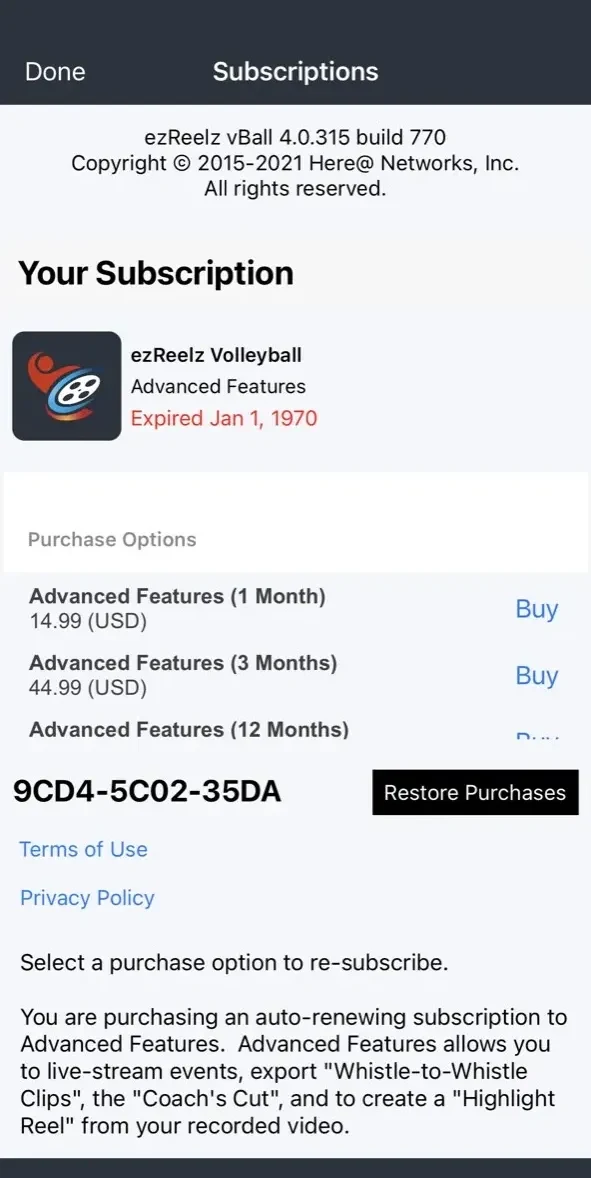 ezReelz Volleyball paywall screen