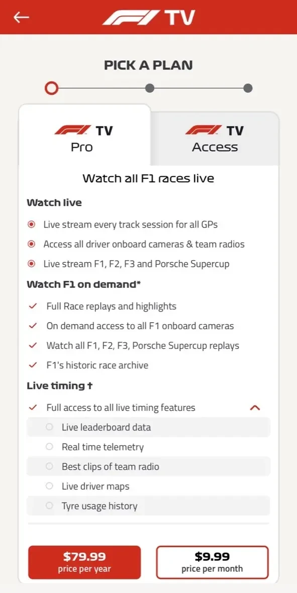 F1 TV paywall screen