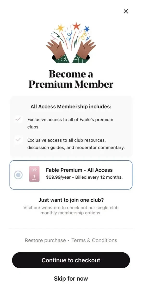 Fable paywall screen