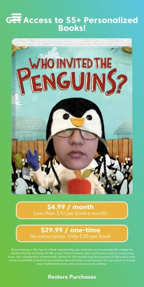 Face in a Book paywall screen