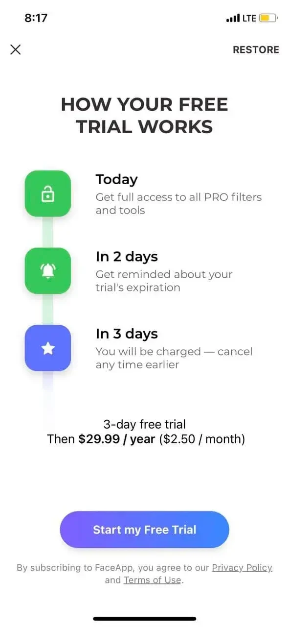 FaceApp paywall screen