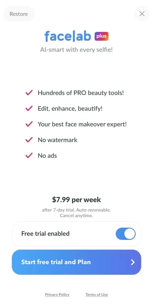 Facelab paywall screen