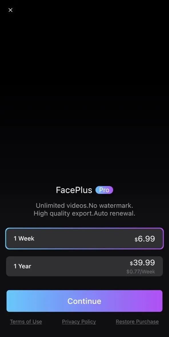 FacePlus paywall screen