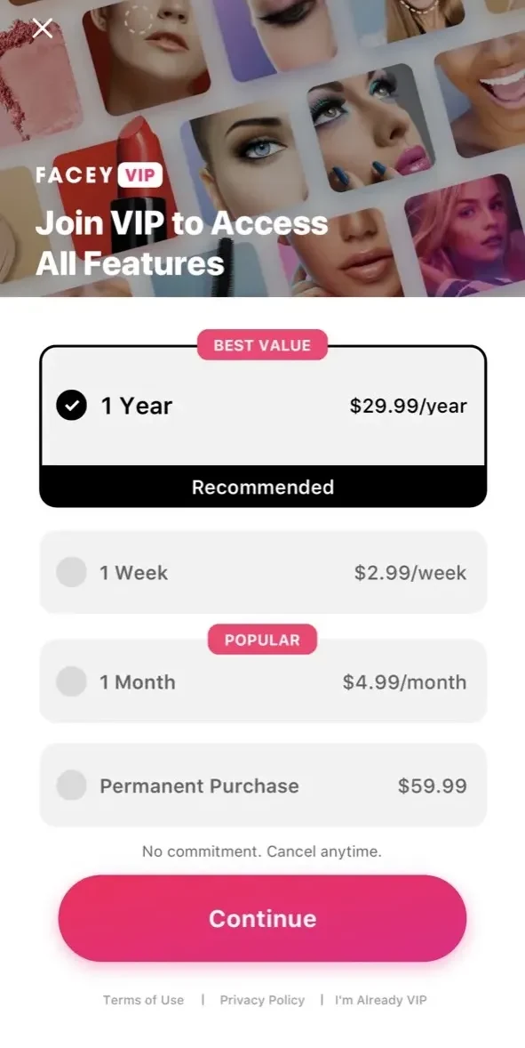 Facey paywall screen