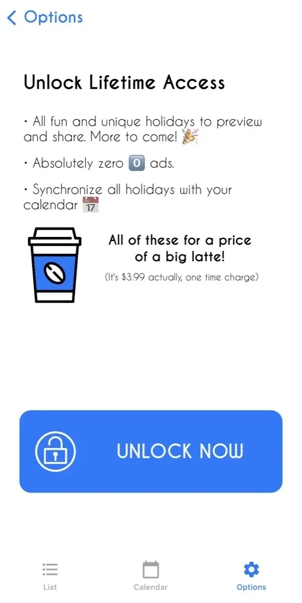 Holiday Today paywall screen
