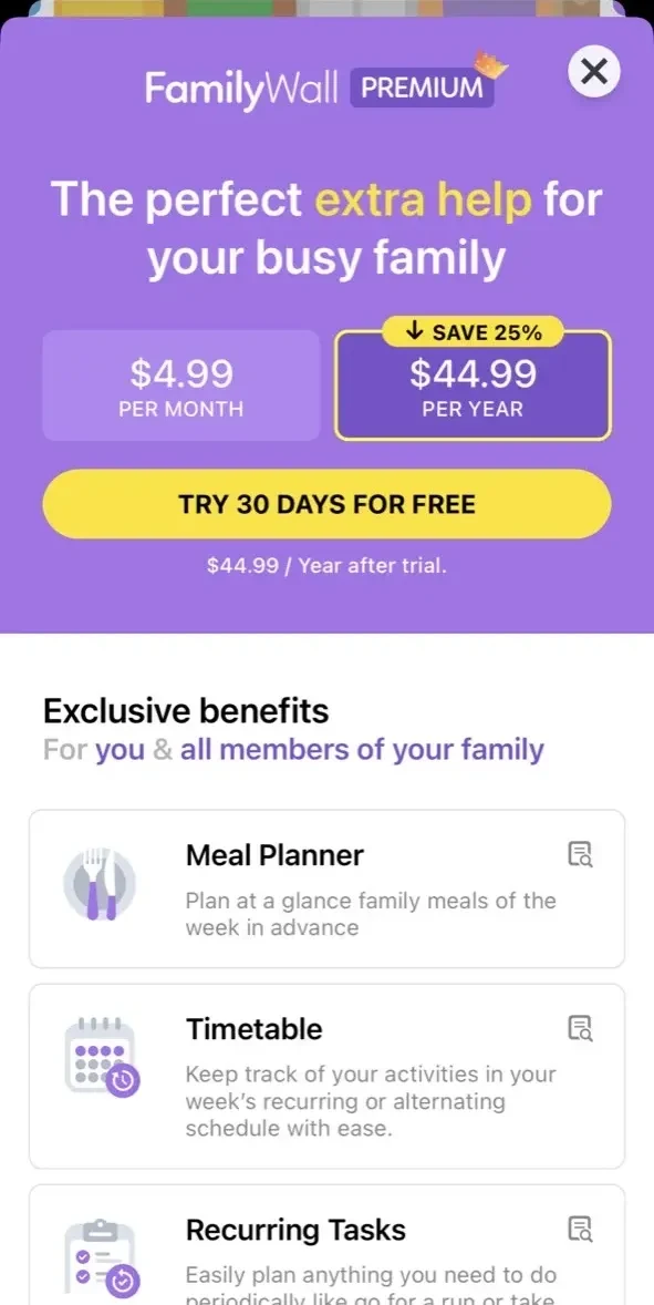 FamilyWall paywall screen