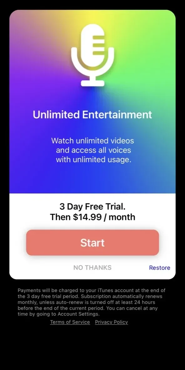 Famous Voice Changer paywall screen