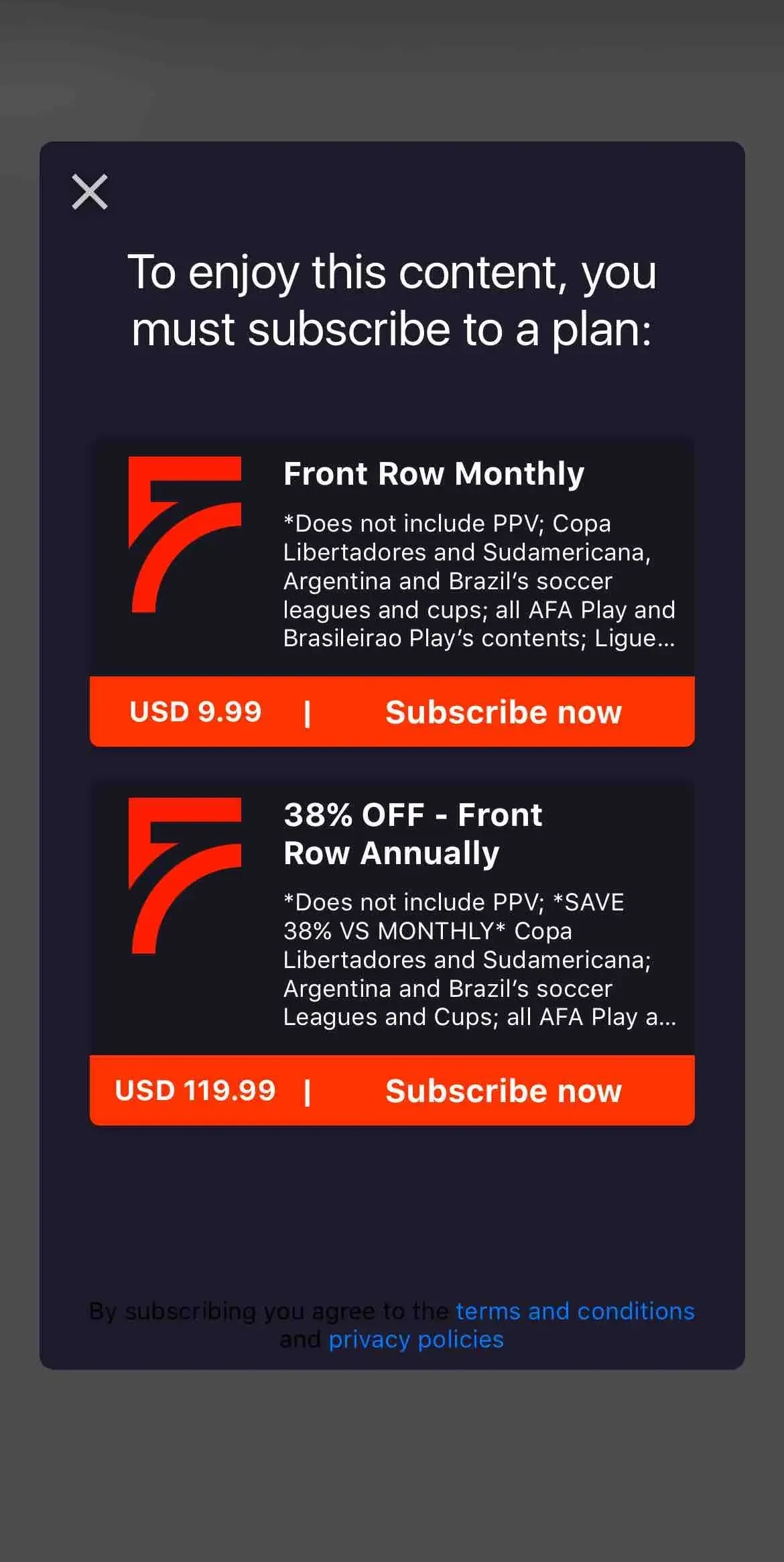 Fanatiz paywall screen