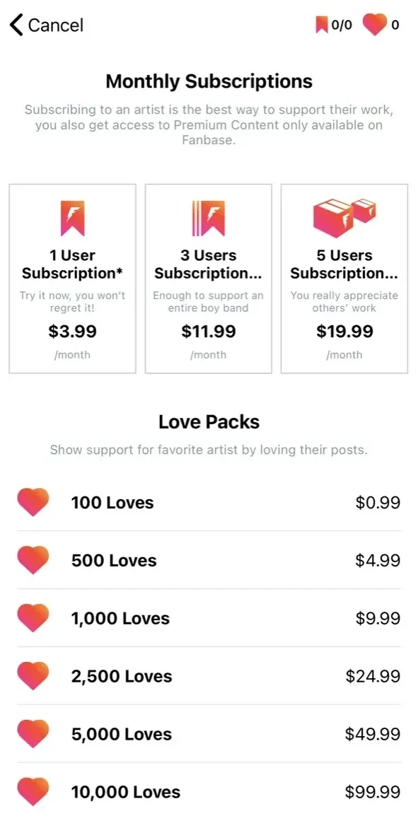 Fanbase paywall screen